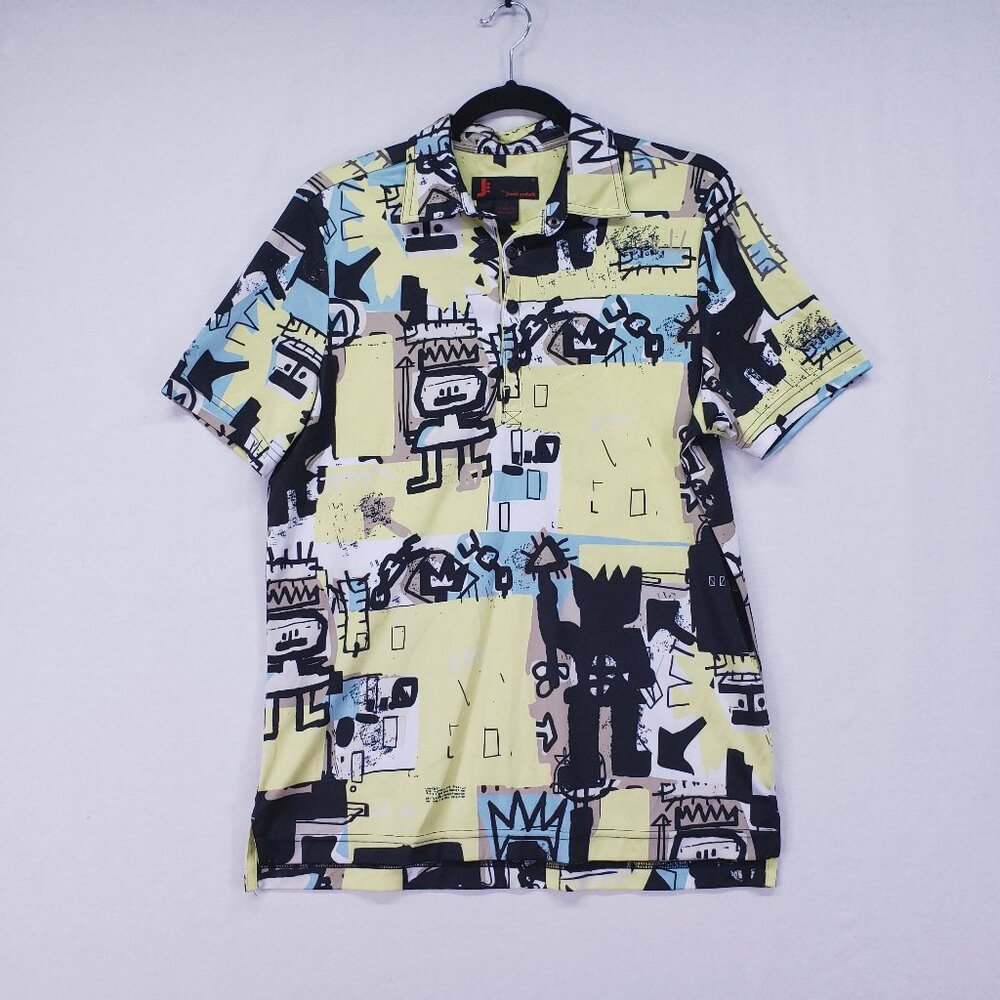 J by Jamie Sadock Men's Yellow Abstract Graffiti Short Sleeve Golf Shirt S